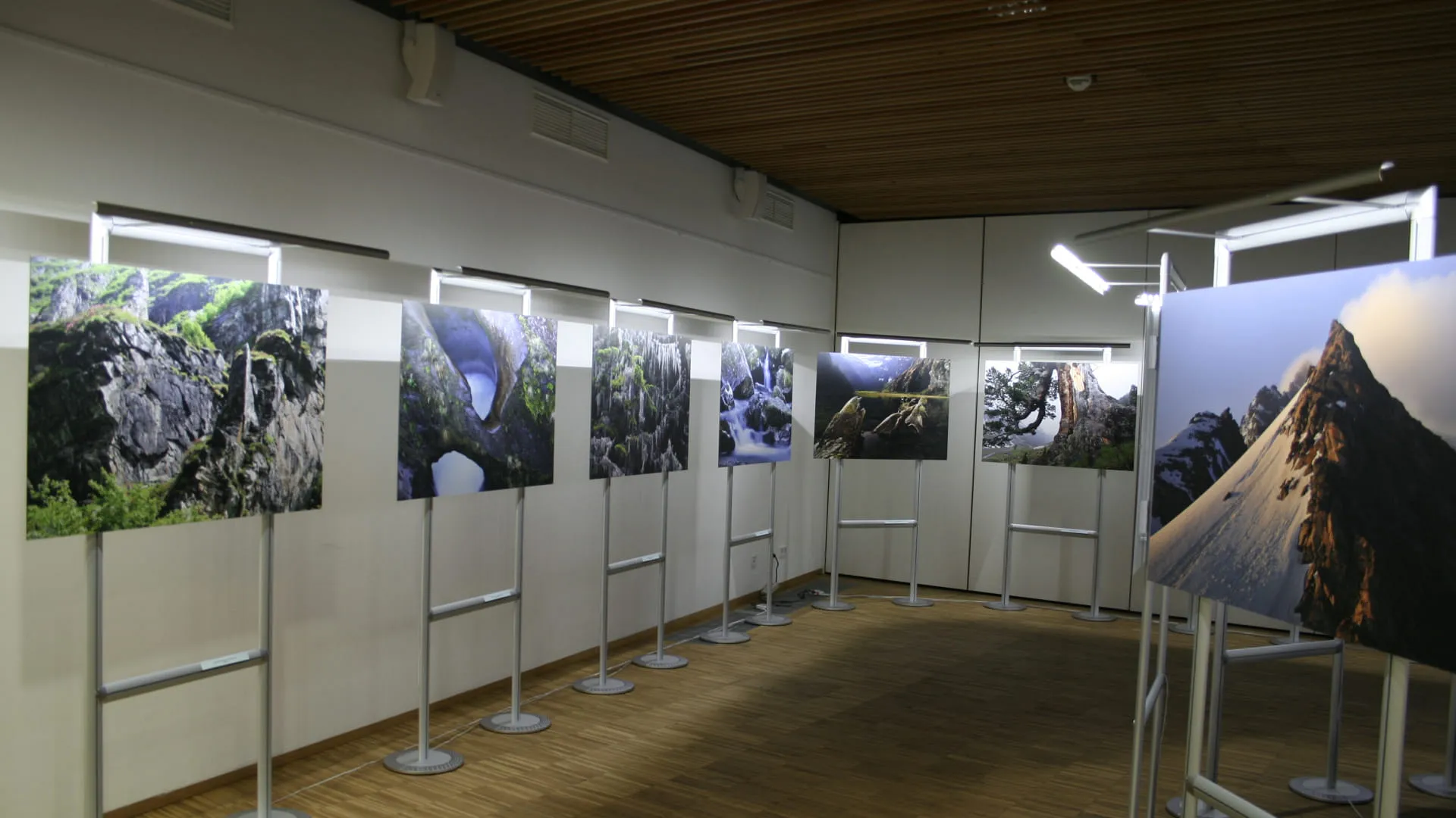 Ausstellungsraum mit Fotografien an Ständern