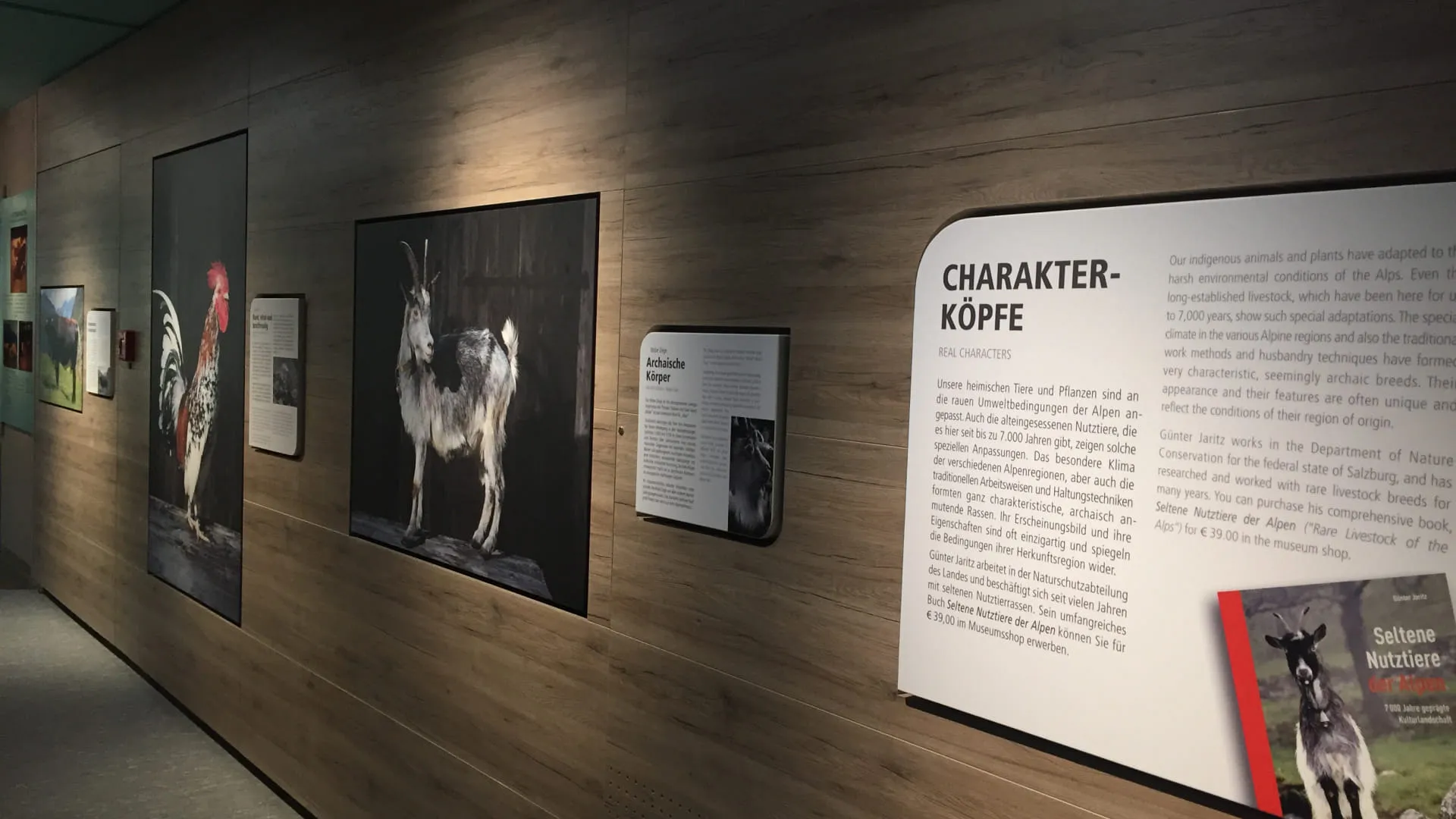 Wand mit Kunstwerken und Beschreibungen in einer Ausstellung